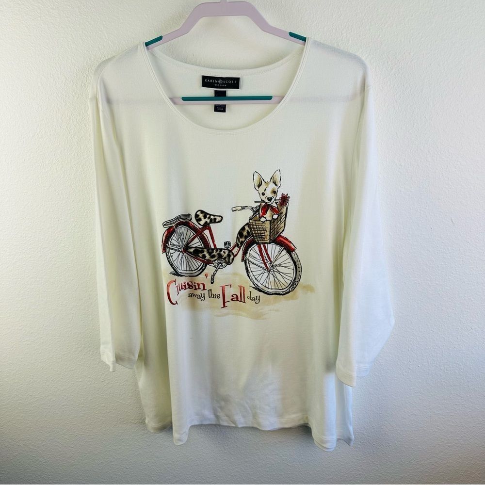 Karen Scott Graphic Fall Day Chihuahua Bike 3/4 Sleeve Tee NWOT Size 3X